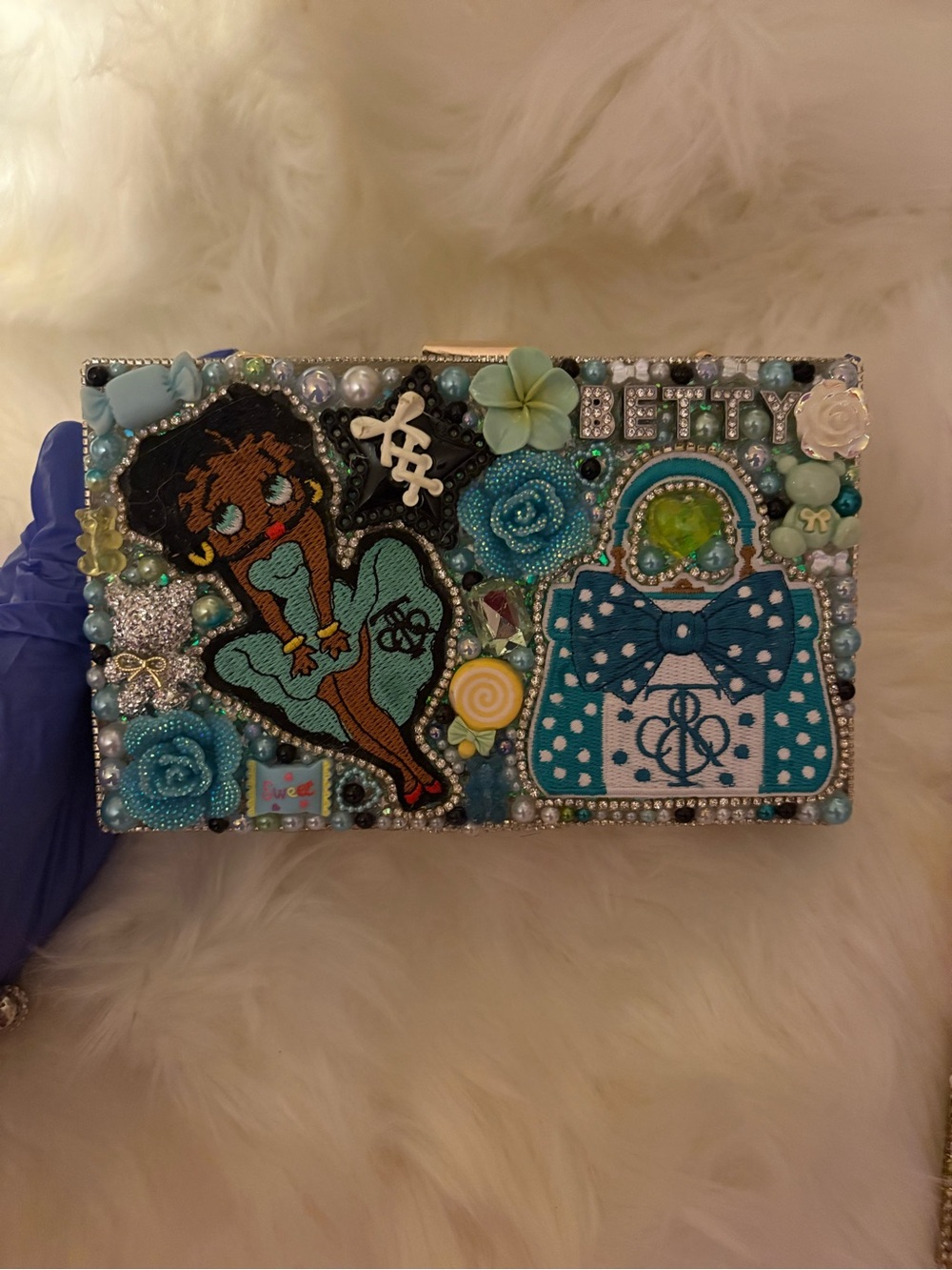 Betty Boop Embellished Blue Clutch Bag